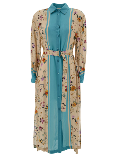 Shop Semicouture Long Beige And Light Blue Chemisier Dress With Floreal Print And Belt In Viscose Woman In Multicolor