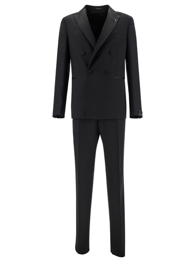 Tagliatore Black Double-breasted Tuxedo Suit With Covered Buttons In Black