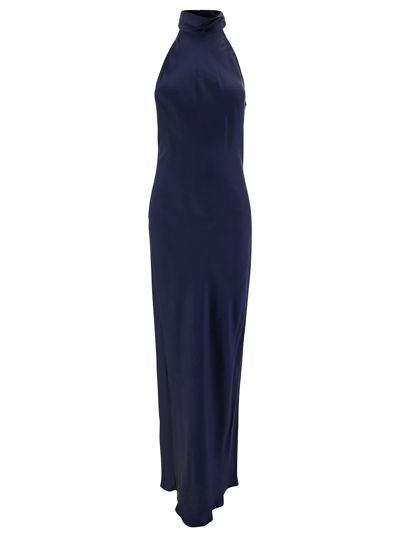 Shop Semicouture Elisha Long Blue Dress With Halterneck In Acetate And Silk Blend Woman