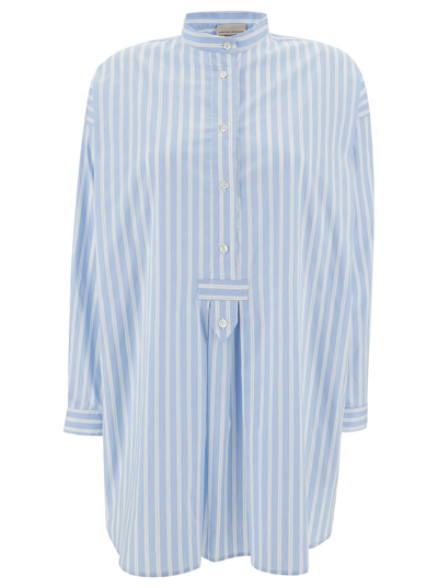 Shop Semicouture Mini Light Blue Shirt Dress With Stripe Motif In Cotton Blend Woman