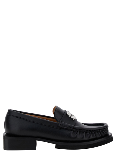 Shop Ganni Butterfly Black Loafers With Logo Detail In Leather Woman