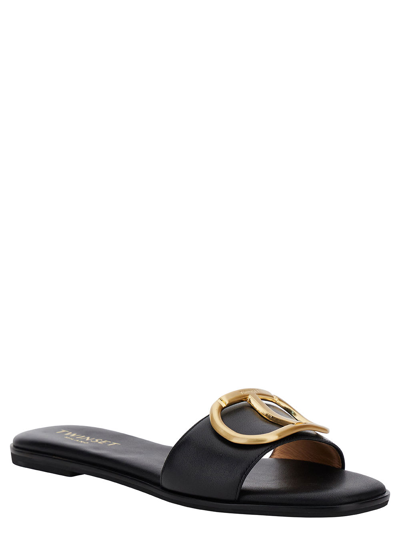 Shop Twinset Black Flat Mules With Oval T Logo In Smooth Leather Woman
