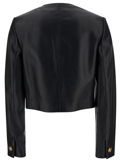 Shop Versace Black Cropped Jacket With Medusa Bottons In Leather Woman