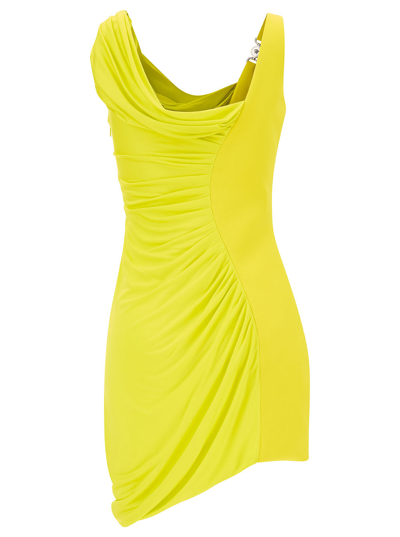 Shop Versace Yellow Draped Mini Dress With Medusa 95 Detail In Viscose Woman