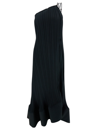 Shop Lanvin Maxi Black One-shoulder Pleated Dress With Beads In Crêpe De Chine Woman