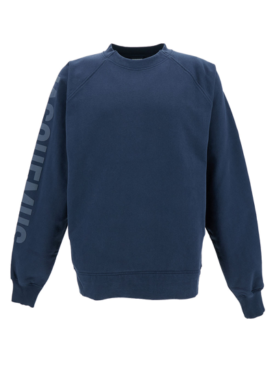 Shop Jacquemus Blue Sweatshirt With Tonal Logo Lettering Print In Cotton Man