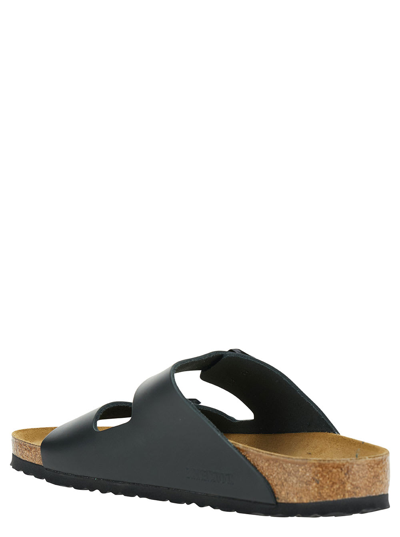 Shop Birkenstock Black Slip-on Sandals With Engraved Logo In Leather And Cork Man