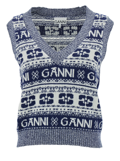 Shop Ganni Grey Graphic V-neck Vest In Wool Blend Woman