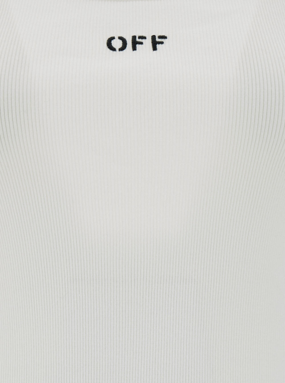 Shop Off-white White Ribbed Tank Top With Contrasting Logo Embroidery In Stretch Cotton Woman