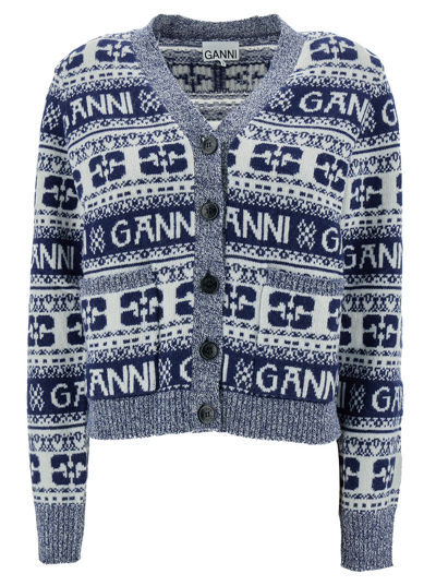 Shop Ganni Grey Cardigan With Graphic Print All-over In Wool Blend Woman