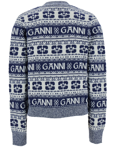 Shop Ganni Grey Cardigan With Graphic Print All-over In Wool Blend Woman