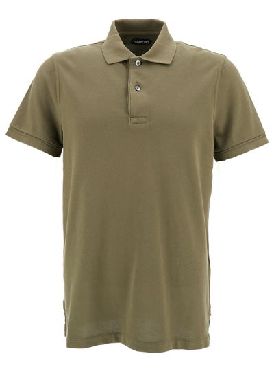 Shop Tom Ford Olive Green Polo Shirt With Short Sleeves In Cotton Man