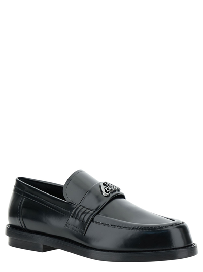 Shop Alexander Mcqueen Black Loafers With Seal Logo Patch In Leather Man