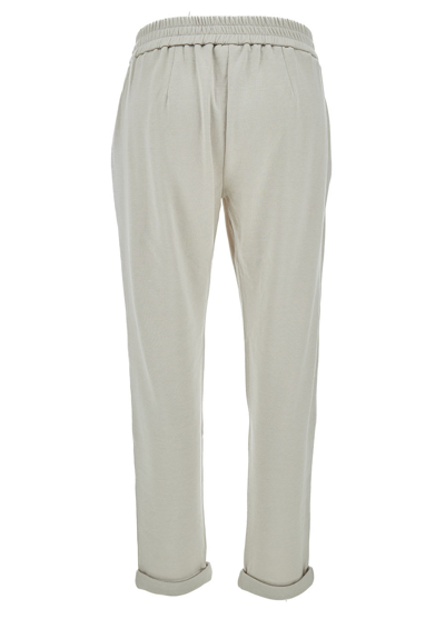 Shop Brunello Cucinelli Beige Pants With Drawstring And Monile Detail In Cotton And Silk Blend Woman