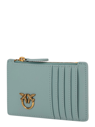 Shop Pinko Airone Light Blue Card-holder With Logo Patch In Leather Woman