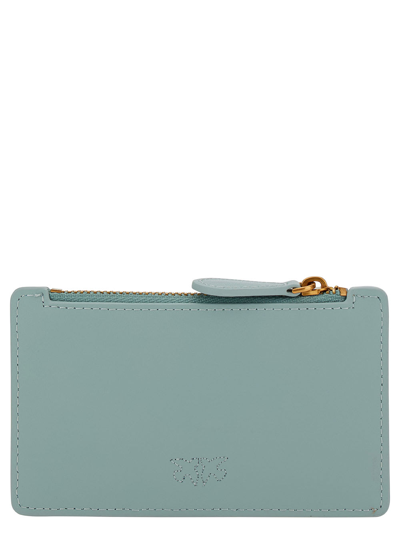 Shop Pinko Airone Light Blue Card-holder With Logo Patch In Leather Woman