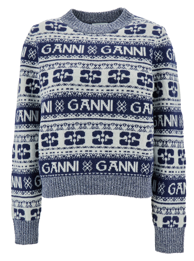 Shop Ganni Blue And White Sweater With Jacquard Logo Motif In Wool Woman In Grey