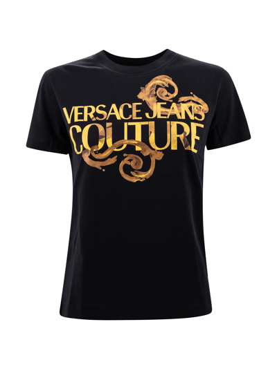 Shop Versace Jeans Couture Logo-print Cotton T-shirt In Black/gold