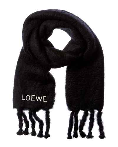 Shop Loewe Logo Embroidered Mohair & Wool-blend Scarf In Black