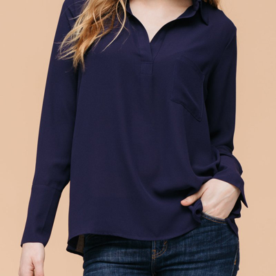 Shop Pleione Long-sleeve Gathered-back Blouse In Blue
