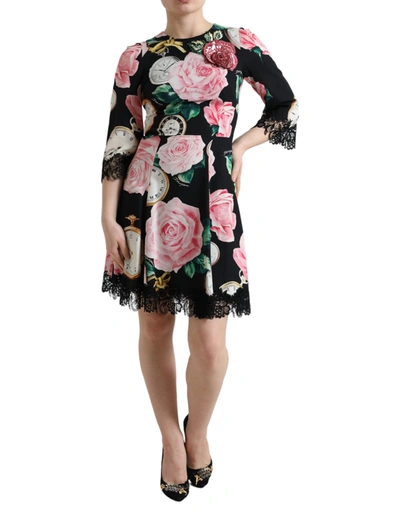 Shop Dolce & Gabbana Black Floral Embellished Lace A-line Dress
