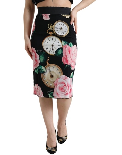 Shop Dolce & Gabbana Black Rose Clock High Waist Pencil Cut Skirt