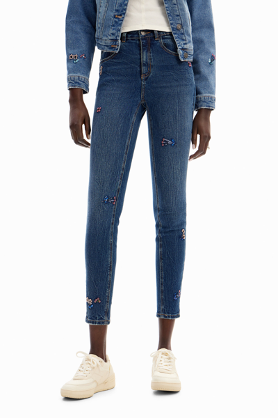 Shop Desigual Slim Beaded Floral Jeans In Blue