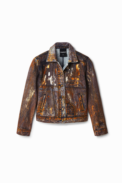 Shop Desigual Metallic Denim Trucker Jacket In Brown