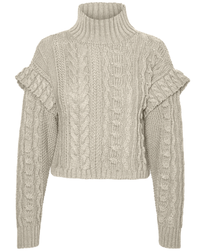 Shop Vero Moda Women's High-neck Long-sleeve Ruffle-trim Sweater In Birch