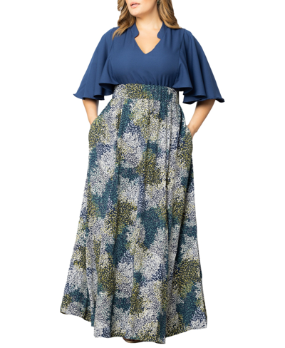 Shop Kiyonna Women's Plus Size Avisa Flowy A Line Evening Gown In Blue Impressionist Print