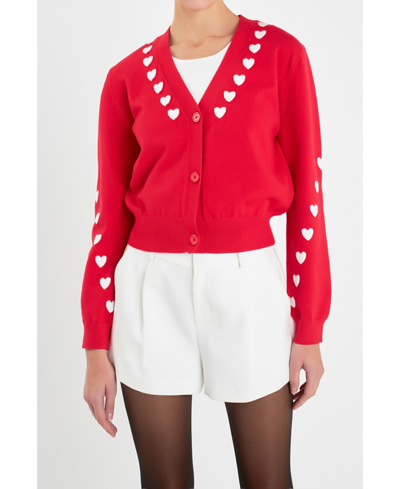 Shop English Factory Women's Heart Contrast Knit Cardigan In Red