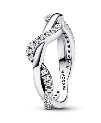 Pandora Sterling Silver With Clear Cubic Zirconia Double Wave Ring In Silver