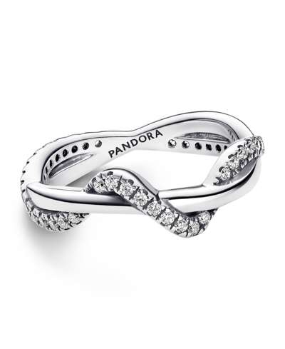 Pandora Sterling Silver With Clear Cubic Zirconia Double Wave Ring In Silver