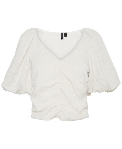 Shop Vero Moda Women's Textured Puff-sleeve Ruched-front Top In Stone
