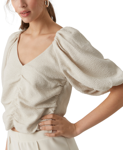 Shop Vero Moda Women's Textured Puff-sleeve Ruched-front Top In Stone