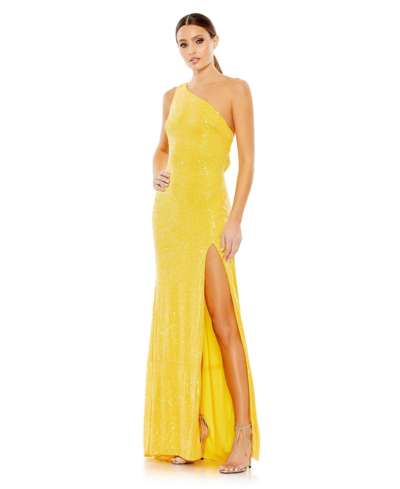 Shop Mac Duggal Women's Ieena Sequined One Shoulder Draped Back Gown In Lemon