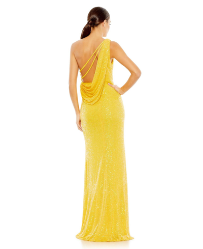 Shop Mac Duggal Women's Ieena Sequined One Shoulder Draped Back Gown In Lemon