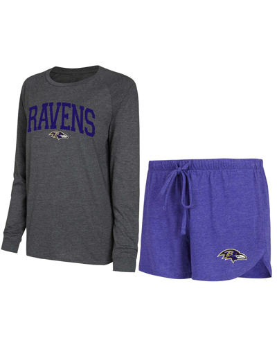 Shop Concepts Sport Women's  Purple, Black Baltimore Ravens Raglan Long Sleeve T-shirt And Shorts Lounge S In Purple,black