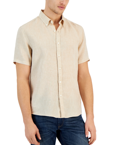 Shop Michael Kors Men's Slim-fit Yarn-dyed Linen Shirt In Buff
