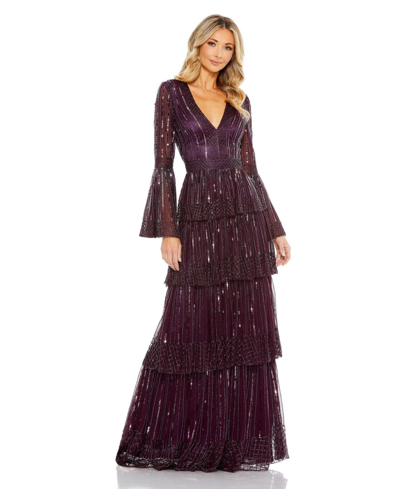 Shop Mac Duggal Women's Embellished Bell Sleeve Tiered Gown In Blackberry