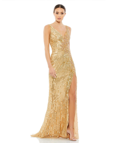 Shop Mac Duggal Women's Beaded Floral Sleeveless Gown In Gold