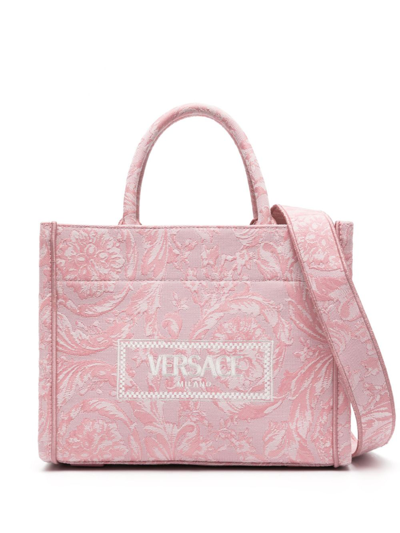 Shop Versace Pink Barocco Athena Small Tote Bag
