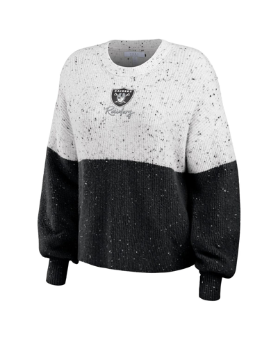 Shop Wear By Erin Andrews Women's  White, Black Las Vegas Raiders Color-block Pullover Sweater In White,black