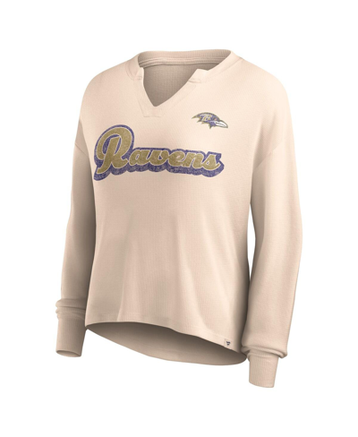 Fanatics Women's  Tan Distressed Baltimore Ravens Go For It Notch Neck Waffle Knit Long Sleeve T-shir In Tan