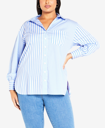 Shop Avenue Plus Size Stripe Mix Collared Shirt In Blue