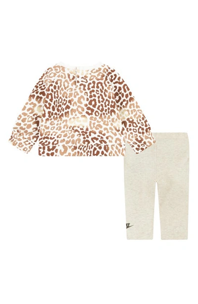 Shop Nike Leopard Print Fleece Sweatshirt & Leggings Set In Pale Ivory Heather