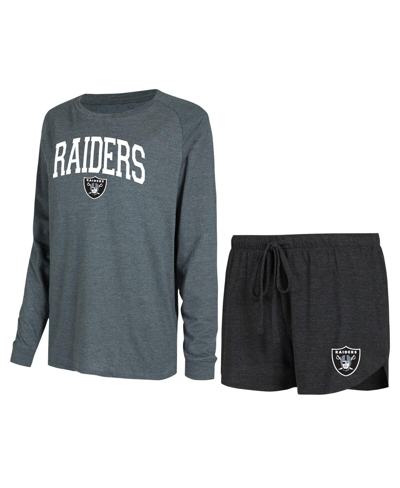 Concepts Sport Women's  Black, Charcoal Las Vegas Raiders Raglan Long Sleeve T-shirt And Shorts Loung In Black,charcoal