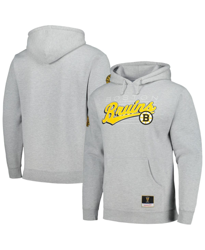 Shop Mitchell & Ness Men's  Heather Gray Boston Bruins 100th Anniversary Script Sweep Pullover Hoodie