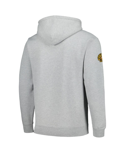 Shop Mitchell & Ness Men's  Heather Gray Boston Bruins 100th Anniversary Script Sweep Pullover Hoodie