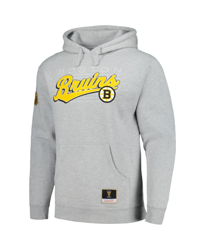 Shop Mitchell & Ness Men's  Heather Gray Boston Bruins 100th Anniversary Script Sweep Pullover Hoodie